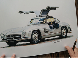 马克笔汽车手绘  奔驰300sl