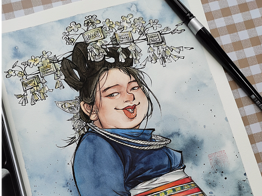 《苗家女》水彩插画系列（个人主页-ZNjEzNTU2MzI=） - 艺术插画 - 站酷设计师晴天娃娃小丸子原创素材 - 站酷ZCOOL
