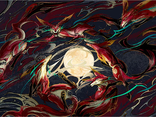 古风圆月氛围插画《千狐月宫》
