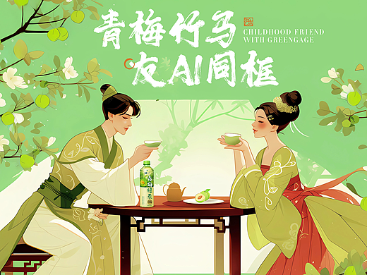 AIGC | 美图X统一活动   青梅绿茶插画海报