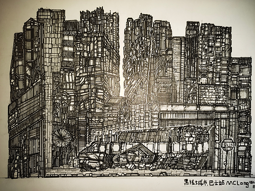 个人黑白装饰画 《黑线城市.巴士站》