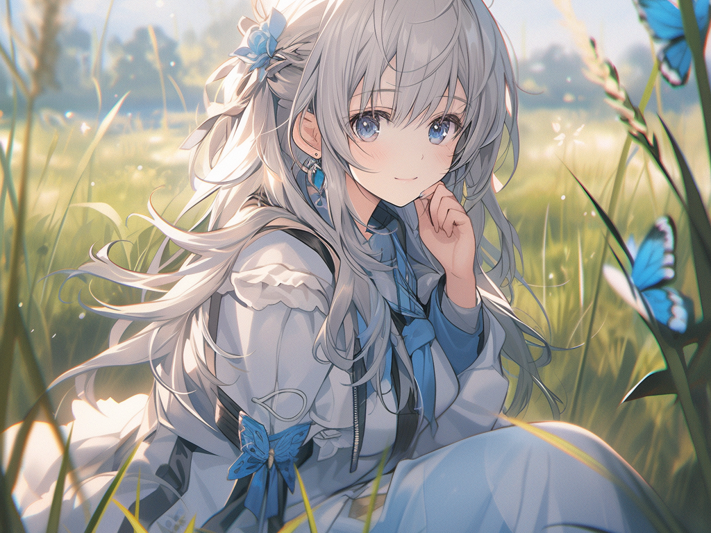 田园风格的动漫女孩坐在草地上