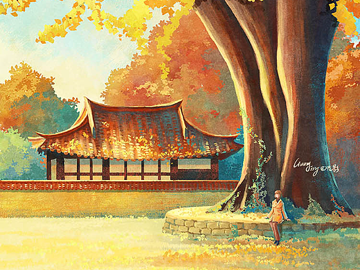 銀杏古寺（個人主頁-ZNjMwNDMyMTY=） - 商業(yè)插畫 - 站酷設(shè)計師插畫師光影搖曳原創(chuàng)素材 - 站酷ZCOOL