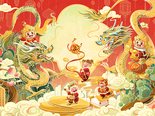 迎龙年 插画《双龙戏珠》