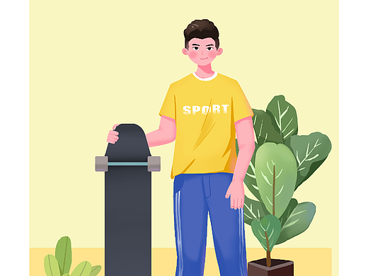 扁平插画滑板运动男孩