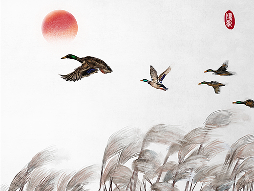 蒹葭与野鸭子芦苇荡中式意境24节气中国风古风插画