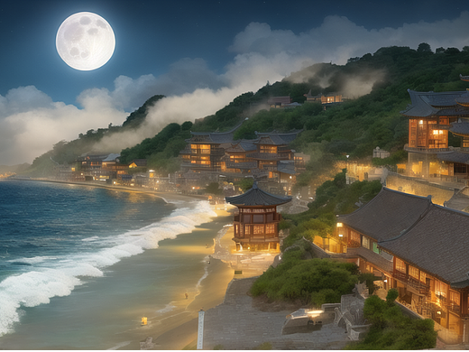 古城大海气氛插画