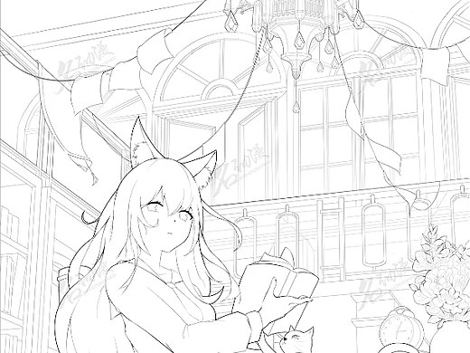 在图书馆阅读的猫娘