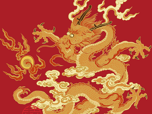 双龙戏珠青龙与金龙国风插画 ​