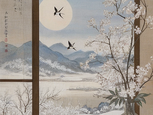 两个黄鹂鸣翠柳，一行白鹭上青天。窗含西岭千秋雪，门泊东吴万里船。