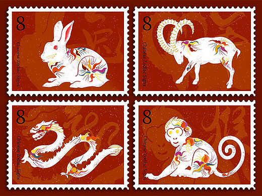 十二生肖肌理国风纹样插画（上）兔龙蛇马羊猴