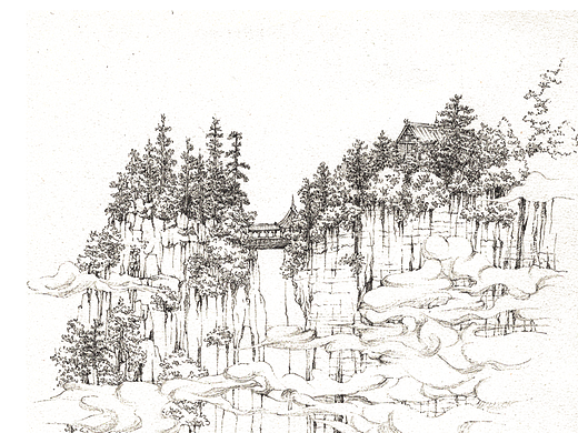 手绘云雾缭绕的高山悬崖