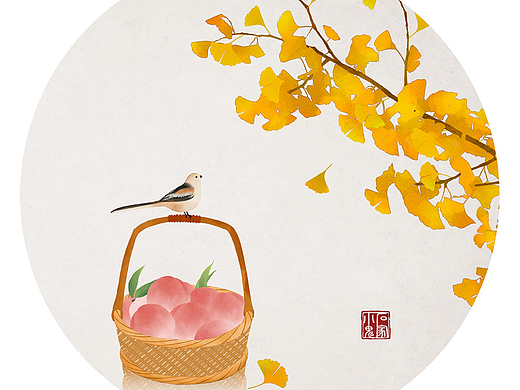 中国风插画——秋季银杏叶桃子