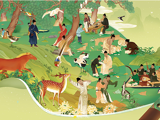 《春日踏踏青图》1.5米国风插画长卷古画