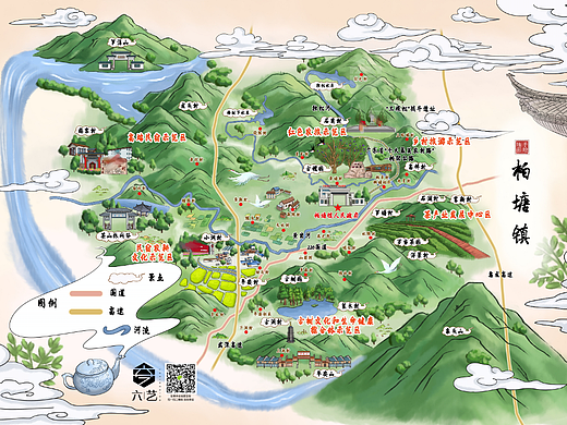 柏塘镇乡村全域旅游景区茶宣传册折页手绘地图设计
