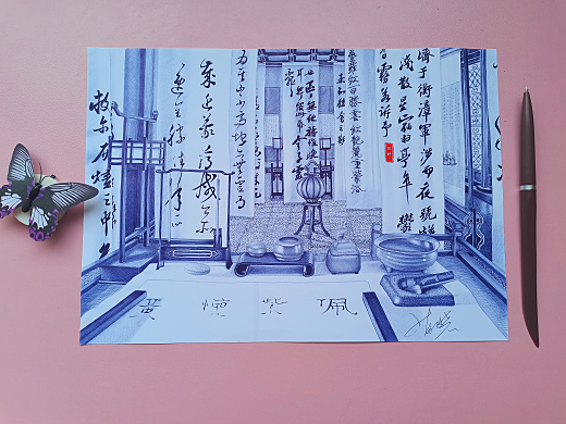 圓珠筆手繪《說英雄誰是英雄》場景插畫