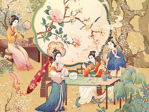 国潮插画-古风非遗团扇包装文创插画