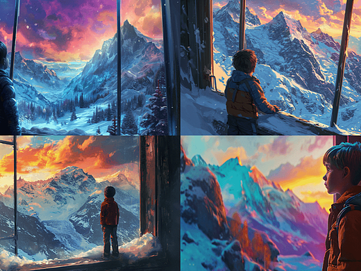 机器人少年透过窗户看雪山