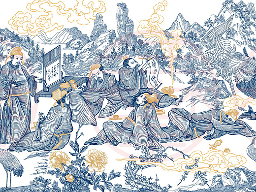 酒中八仙铜版画酒包装插画设计