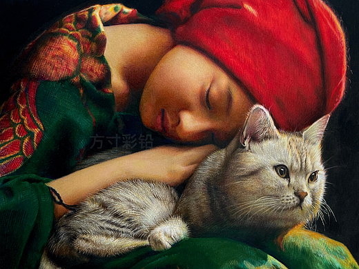 彩铅作品-抱猫女孩