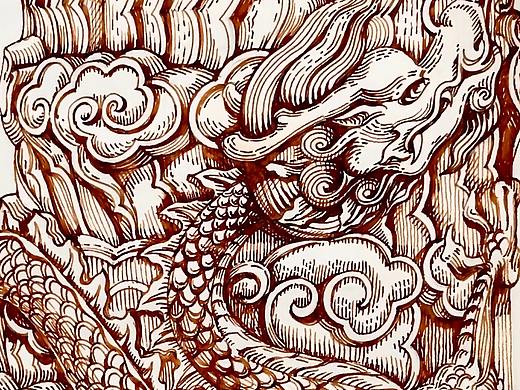 云龙纹石雕柱头钢笔单色手绘插画