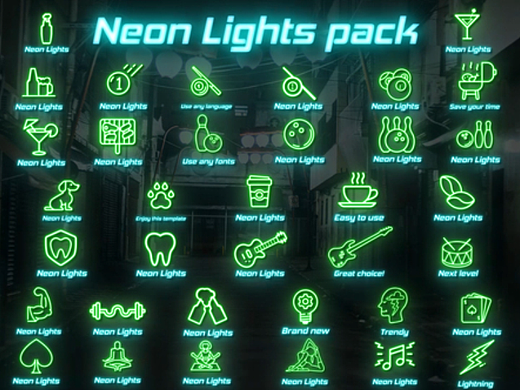 AE模板 | 简单创意明亮多彩霓虹灯闪烁动画霓虹灯图标