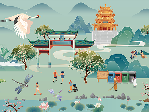江北区共建无废城市主题文化墙插画