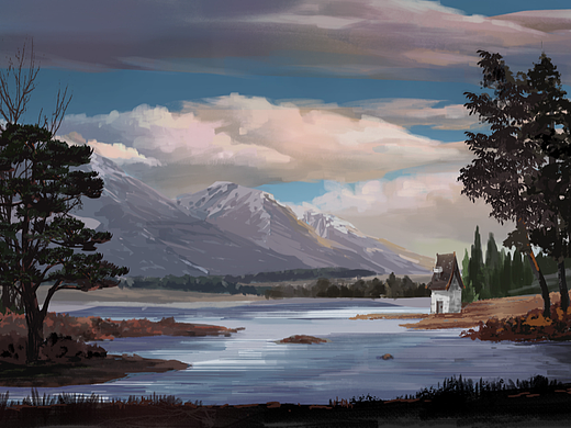 夕阳雪山小房子