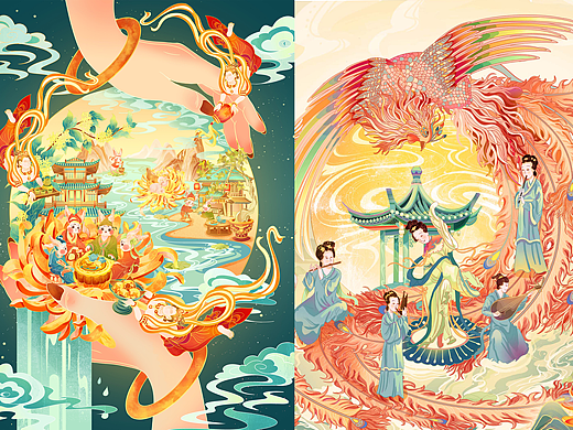 《秋兔夜宴图》《中秋故宫奏乐图》|国潮中秋包装插画