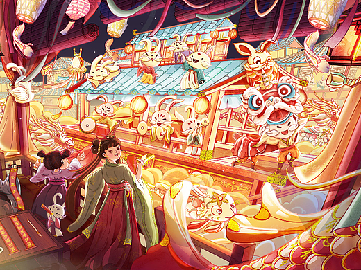 国风氛围感插画花船送福