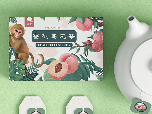 蜜桃乌龙茶包装插画设计，茶叶包装，微写实插画