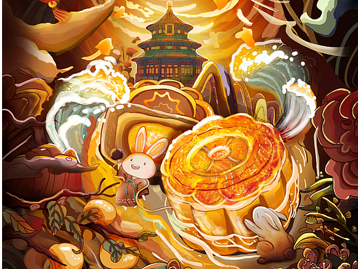 氛围国风插画-卯兔迎中秋月饼柿子桂花