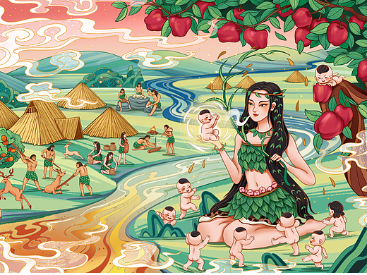 泰安苹果国风插画绘制