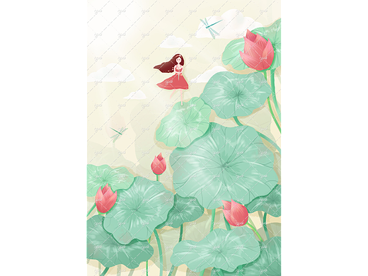 板绘插画-荷叶中的少女