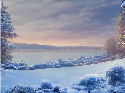 #AI创作实验室#冬天，晨光，远处的湖景，城堡，云彩，