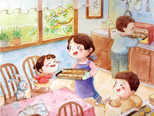 中秋节家人团聚做月饼手绘水彩