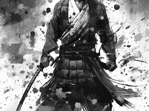 战斗中的黑白武士水墨画