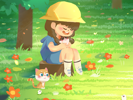 带着小哈鲁和妹妹在森林晒太阳—儿童插画