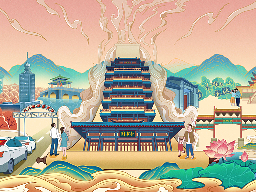 城市印象|淄博地标|国风插画