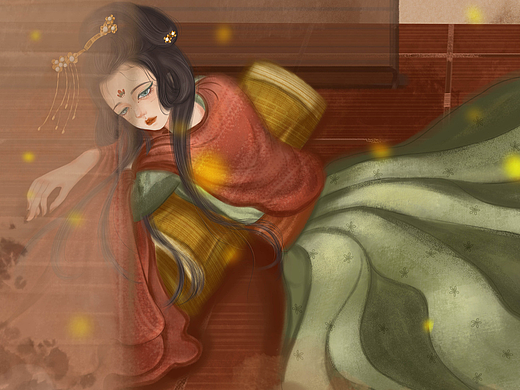 原创手绘古风仙女女生慵懒舒适卧床插画