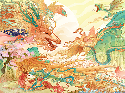 国风山海经异兽图卷——《山海旧梦》长卷插画