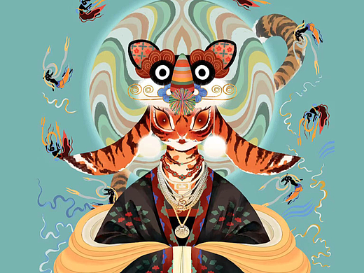 虎兔IP民族风插画