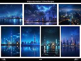 Midjourney创作上海标志性建筑夜晚风景画作
