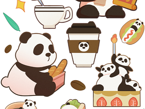 咖啡店与熊猫《贴纸插画》