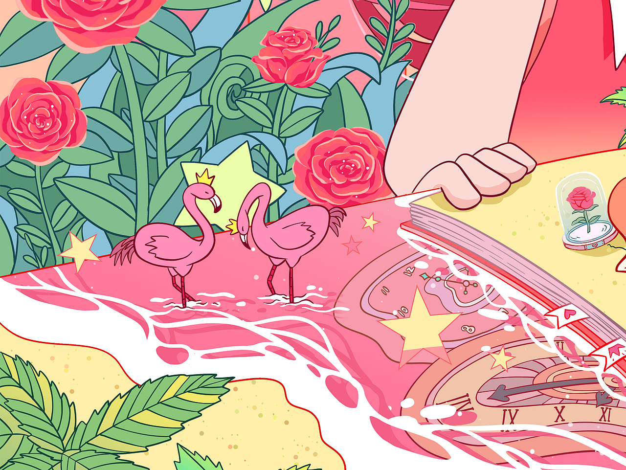 一对相互依偎的火烈鸟