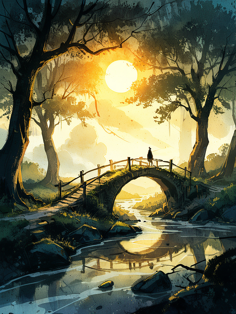 枯藤老树昏鸦，小桥流水人家，古道西风瘦马，夕阳夕下，断肠人在天涯（图ZMzYzNzA0NDk2） - AI作品 - 站酷设计师工藤星1原创素材 - 站酷ZCOOL