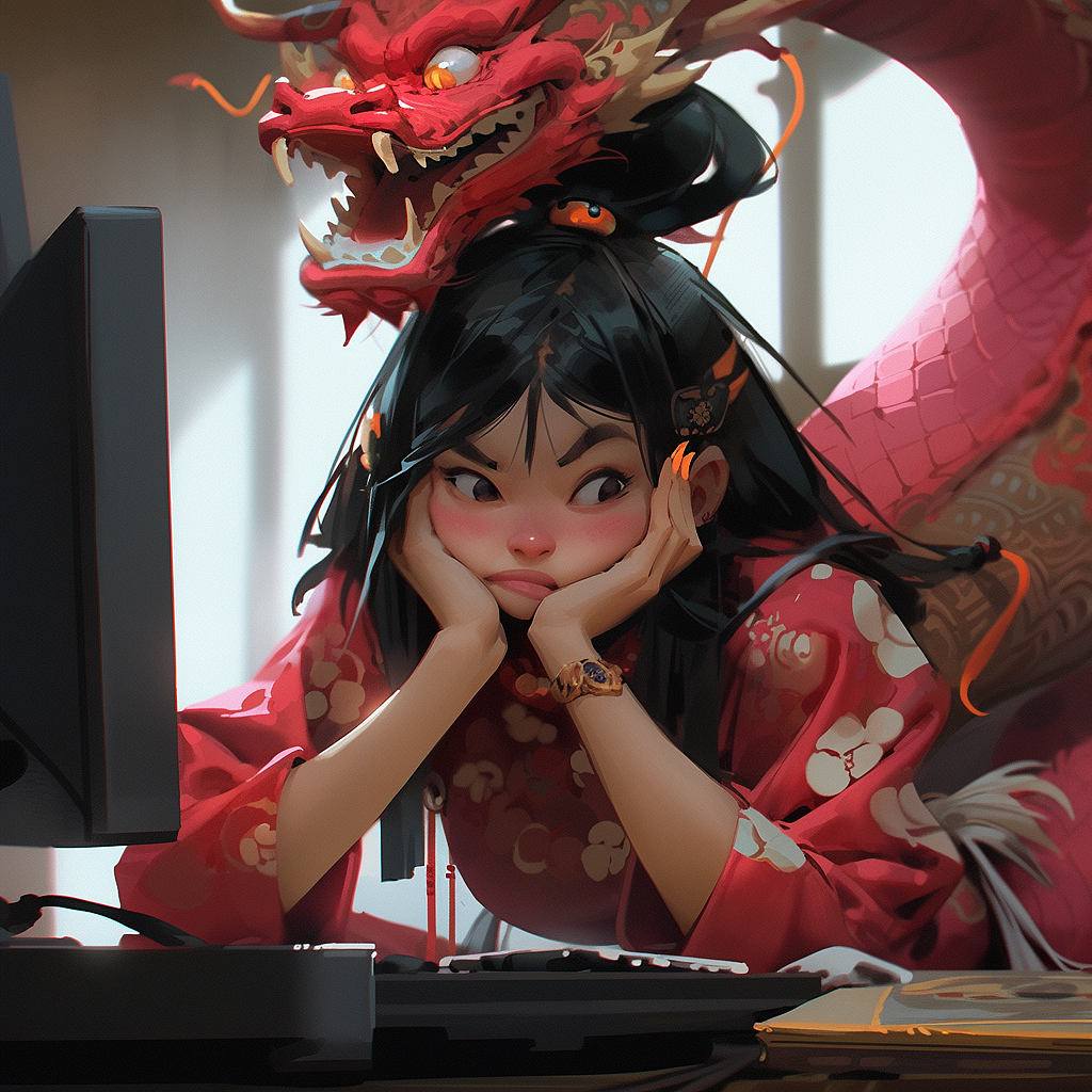除夕逐渐暴躁的加班龙（图ZMzYwNDI4ODMy） - AI作品 - 站酷设计师Radon原创素材 - 站酷ZCOOL