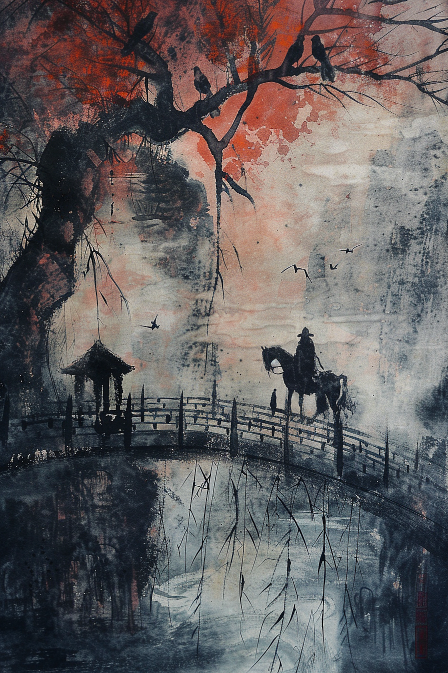 枯藤老树昏鸦，小桥流水人家，古道西风瘦马。夕阳西下，断肠人在天涯。