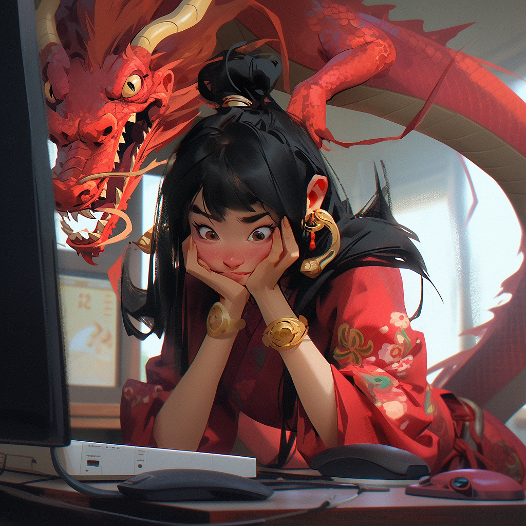 除夕逐渐暴躁的加班龙（图ZMzYwNDI4ODY0） - AI作品 - 站酷设计师Radon原创素材 - 站酷ZCOOL