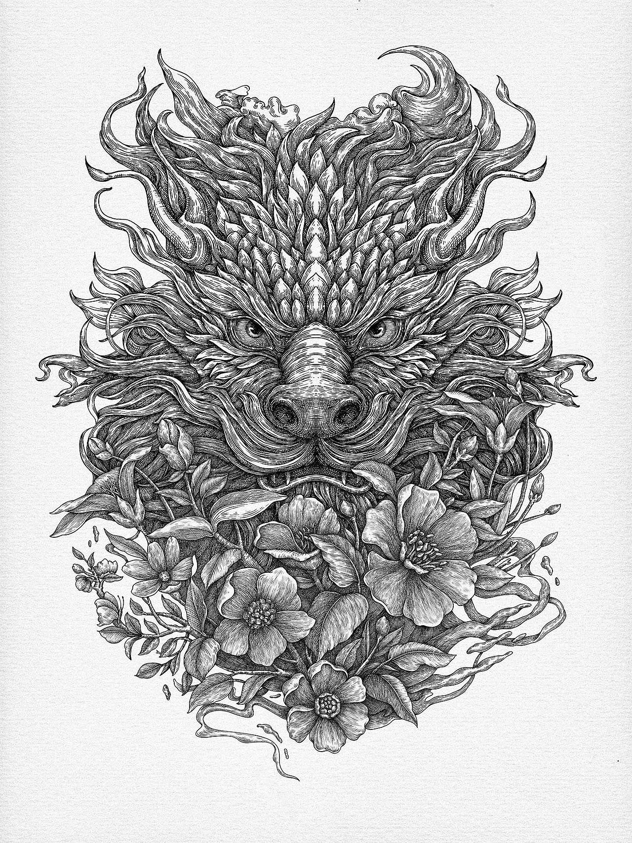 有龙则灵 单色线性版画（图ZMzY4NjI5NzQw） - 商业插画 - 站酷设计师岁月哥原创素材 - 站酷ZCOOL